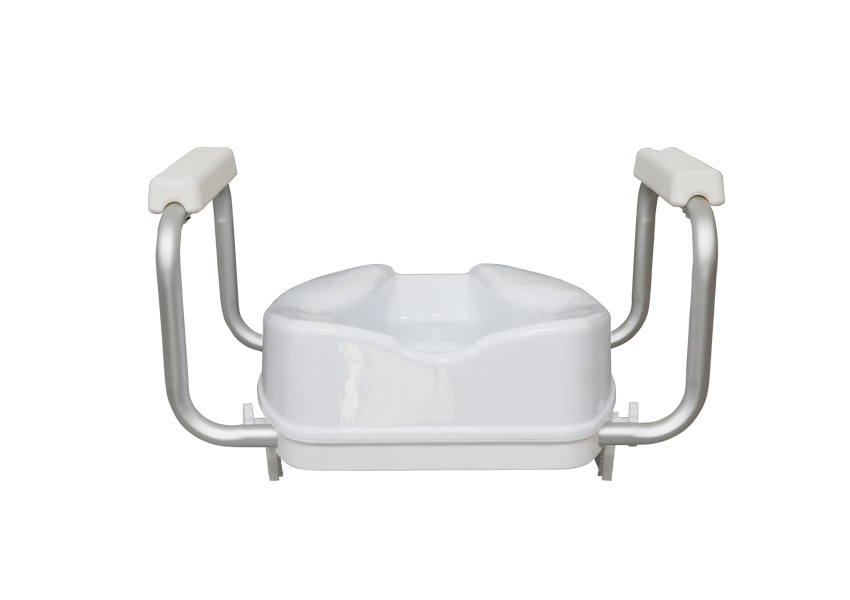 Elevainodoro blanco sin tapa visto desde el frente. Las barandas laterales están fabricadas en aluminio y recubiertas con apoyabrazos ergonómicos en espuma blanca para mayor confort al sentarse y levantarse.