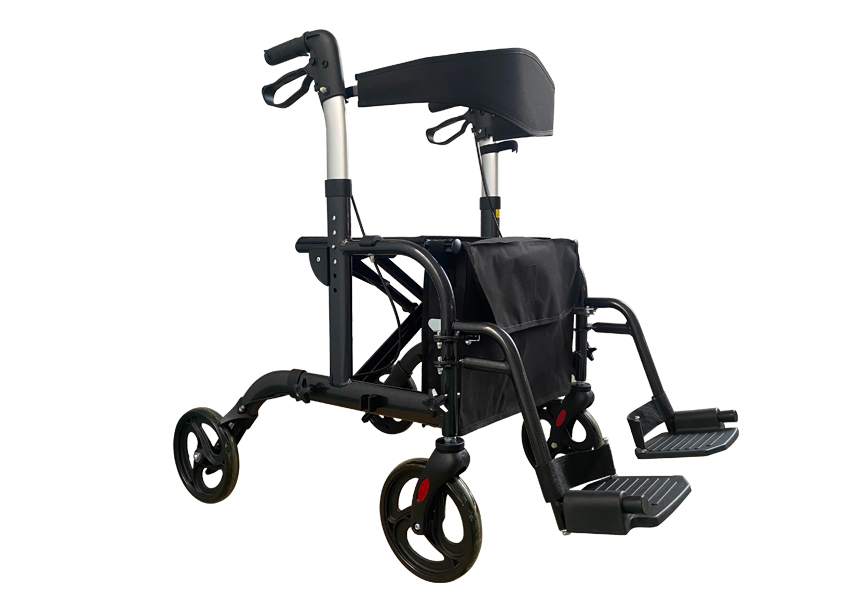 ANDADOR CUATRO RUEDAS CON ASIENTO, FRENO Y POSAPIES