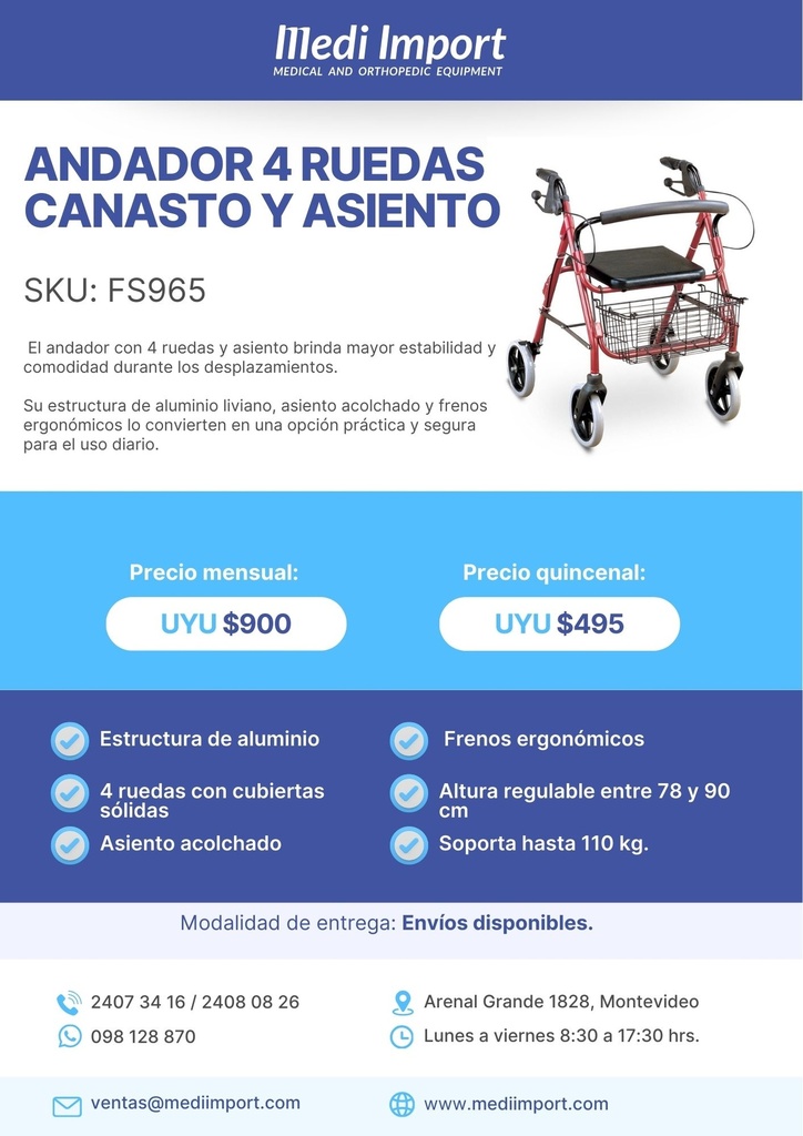 Andador 4 ruedas canasto y asiento