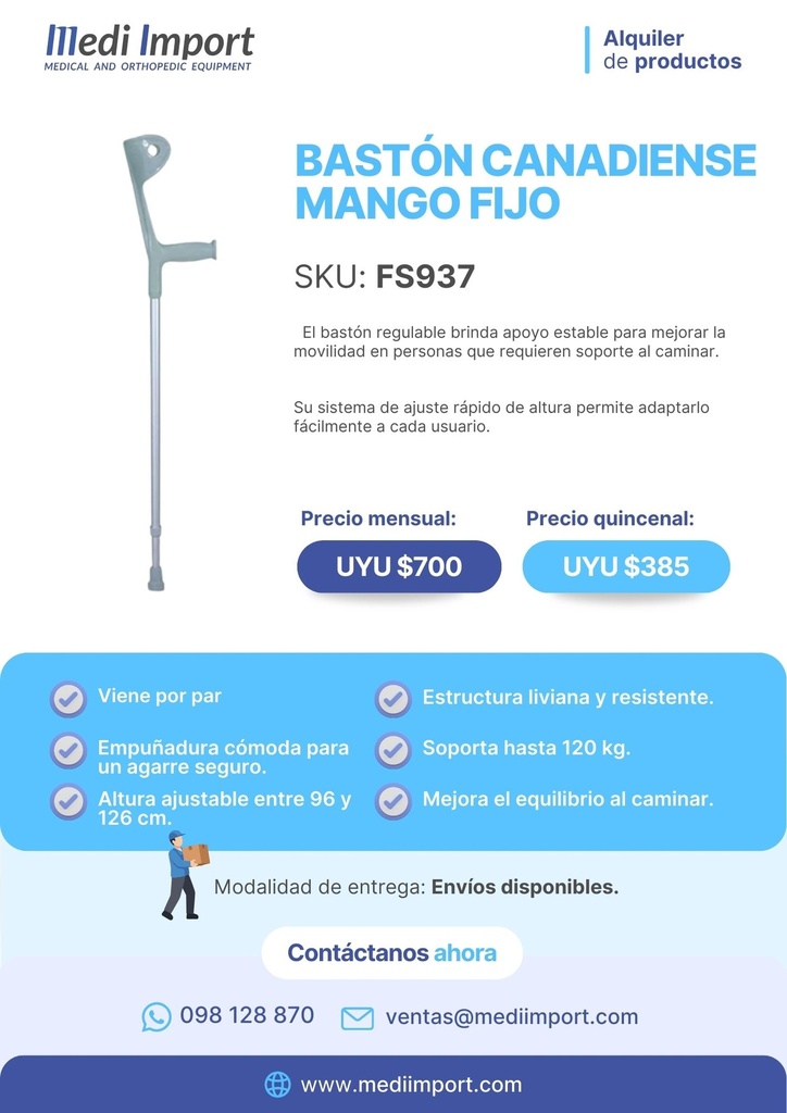 BASTON CANADIENSE MANGO FIJO PAR ALQUILER