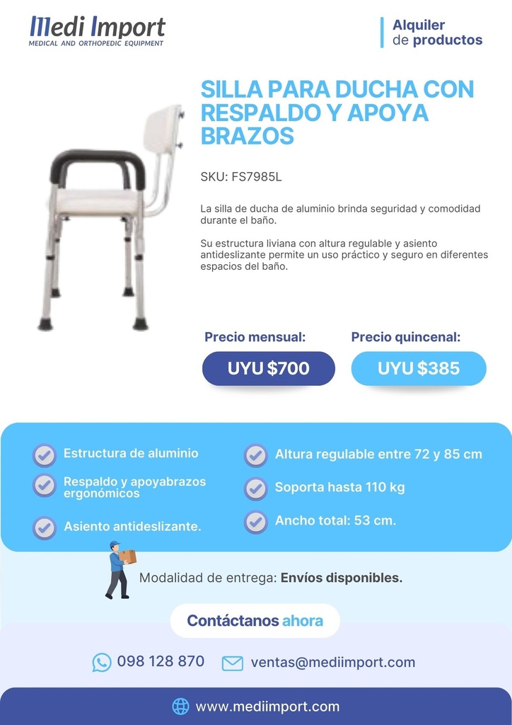 SILLA PARA DUCHA CON RESPALDO Y APOYA BRAZOS ALQUILER