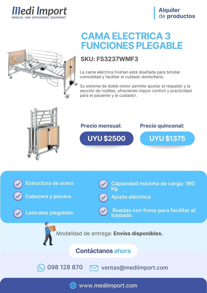 CAMA ELECTRICA 3 FUNCIONES PLEGABLE FOSHAN ALQUILER